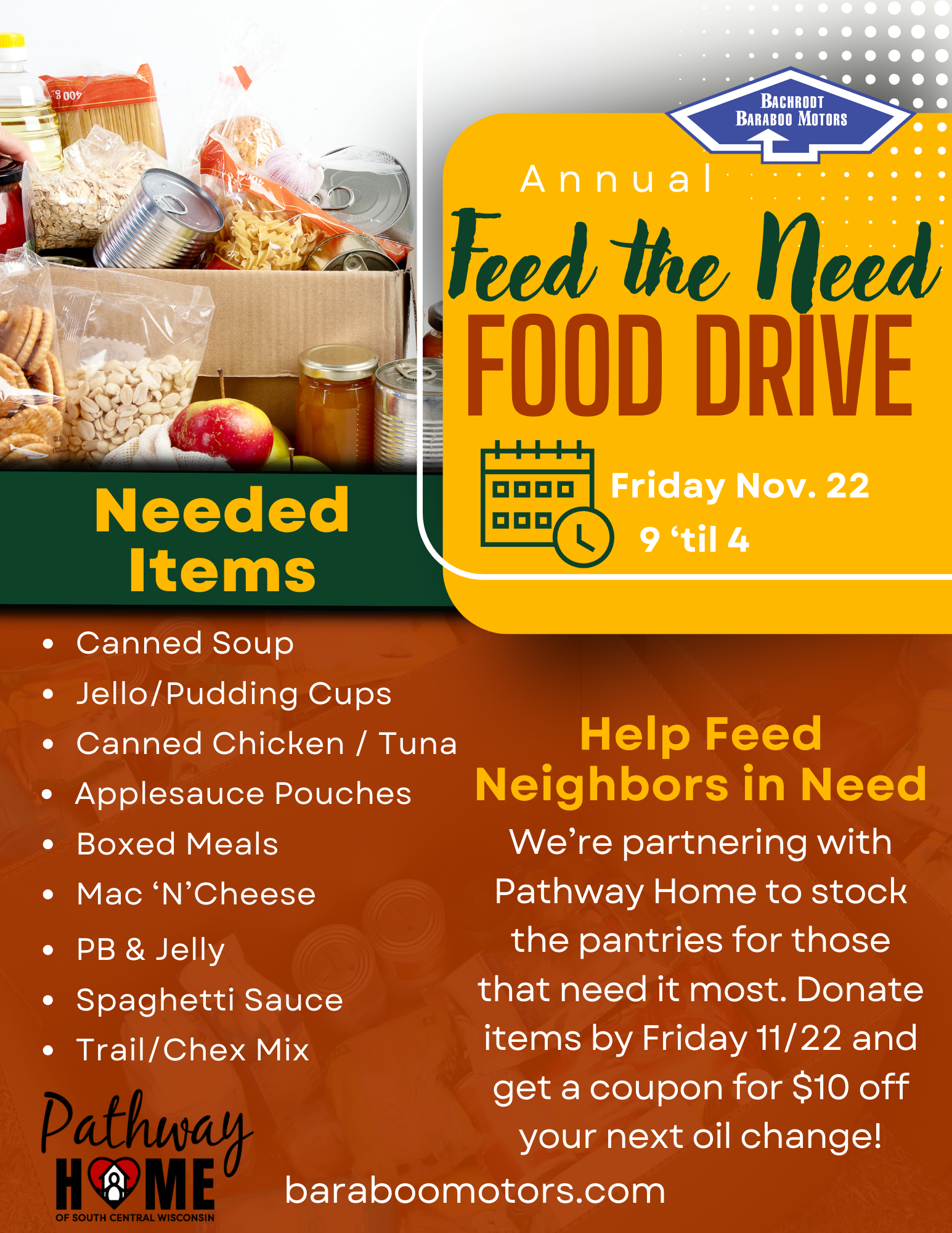 2024 Thanksgiving food drive flyer for Baraboo, WI
